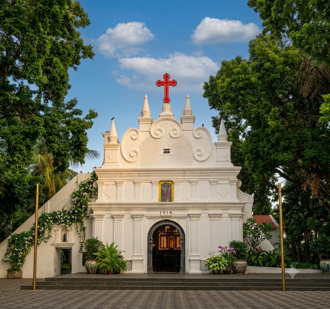The white façade of Luz Church, built in 1516, crowned with its red cross